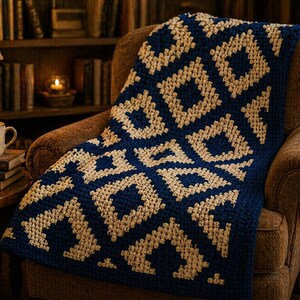 May include: A navy blue and beige crocheted blanket with a geometric pattern is draped over a brown armchair. The blanket's design features repeating diamond shapes. The background includes a bookshelf, a candle, and a mug.