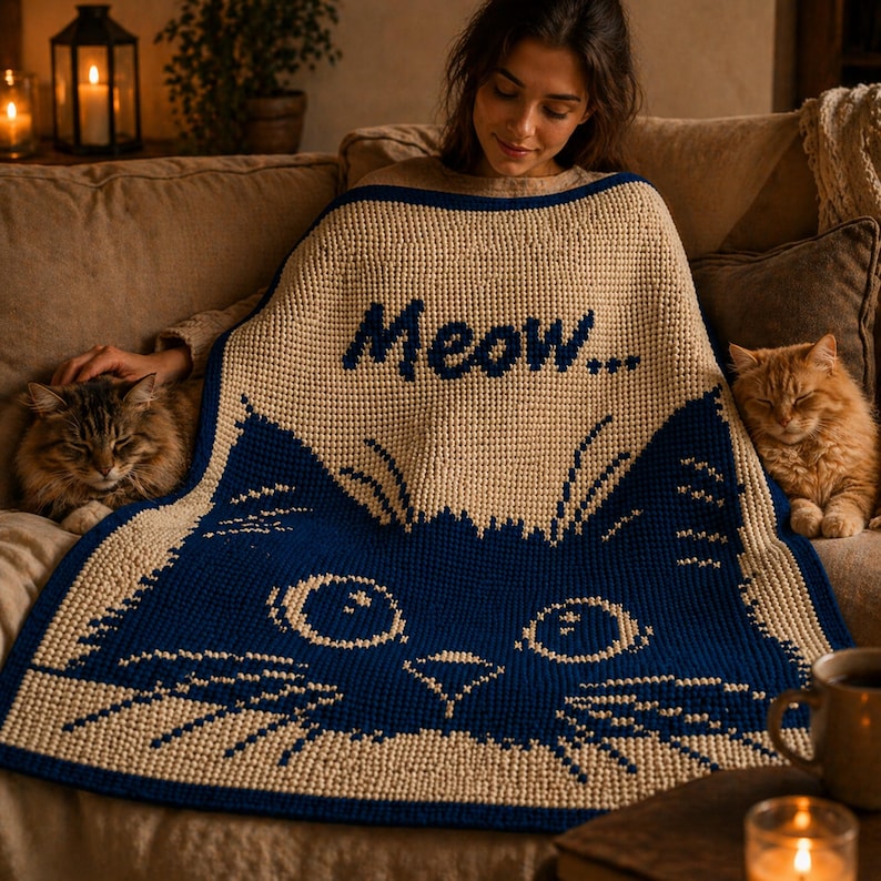 May include: A cream-colored knitted blanket with a navy blue cat face design and the word "Meow..." in navy blue. The blanket is draped over a person sitting on a couch, with two cats on either side.