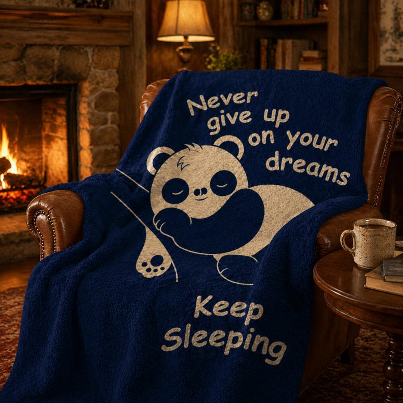 May include: A navy blue throw blanket featuring a sleeping panda bear design and the text "Never give up on your dreams" and "Keep Sleeping" in white. The blanket is on a brown leather armchair.