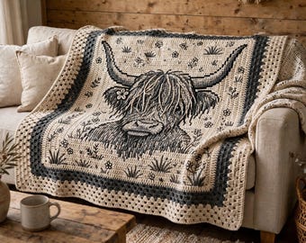 Highland Cow Mosaic Crochet Blanket Pattern PDF, Farmhouse Cow Crochet Pattern, Easy Animal Throw, Digital Download