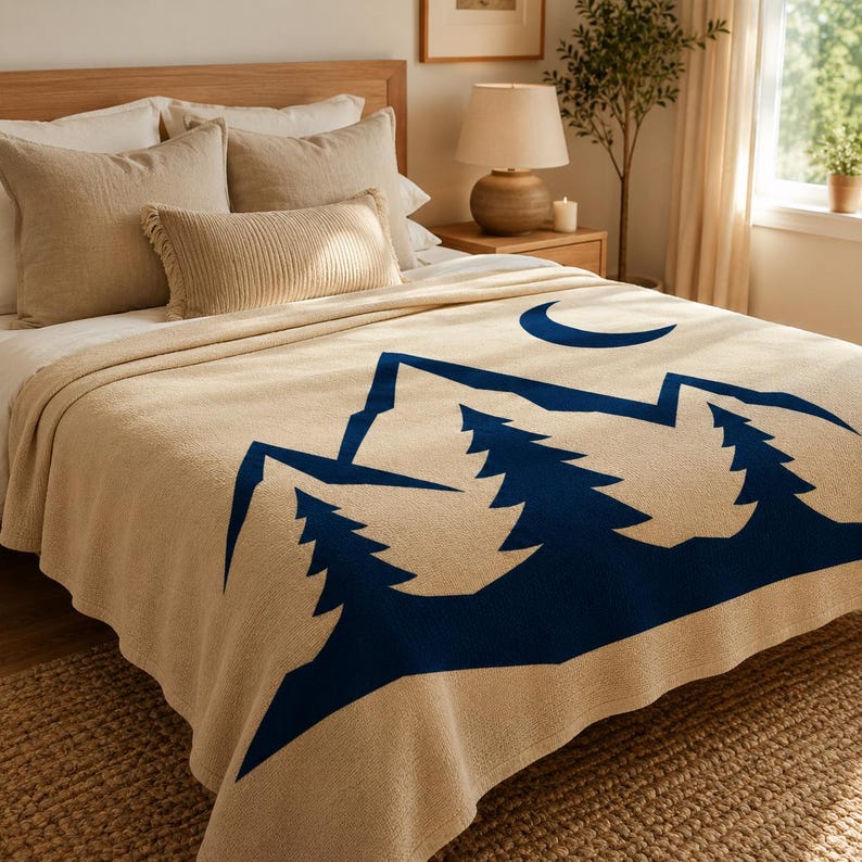May include: A beige throw blanket featuring a dark blue graphic print of mountain peaks, pine trees, and a crescent moon. The blanket is draped over a bed with beige pillows, including two square pillows and one rectangular ribbed pillow.