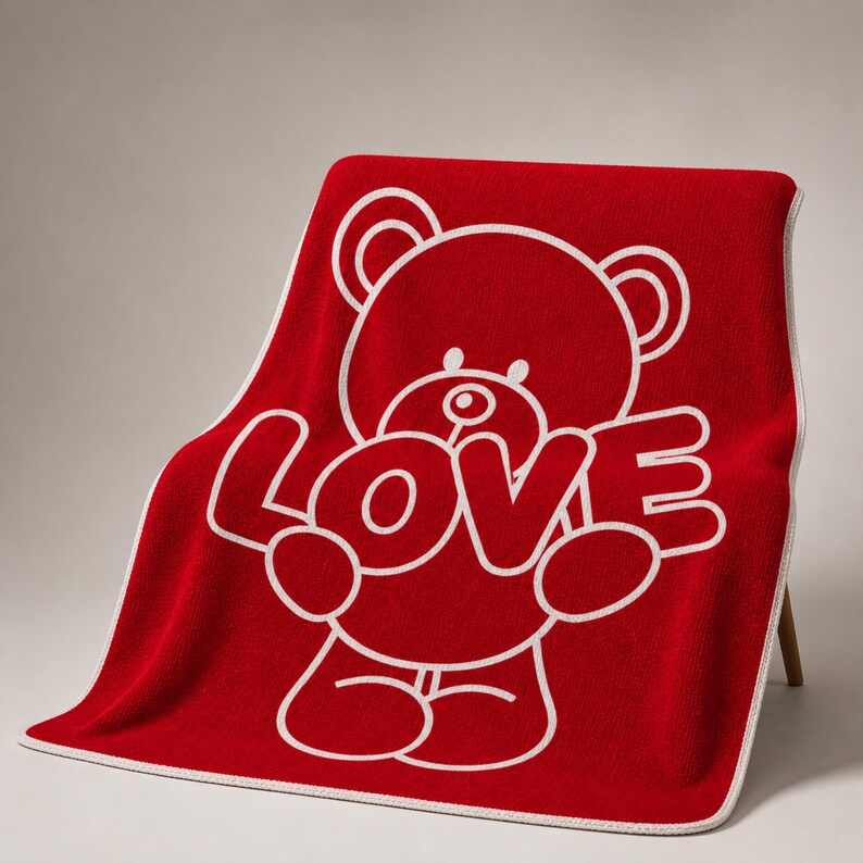 May include: A red blanket with a white outline of a teddy bear holding the word "LOVE". The blanket has a white border and is draped over a chair. The design is simple and bold.
