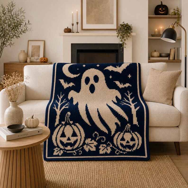 May include: A dark blue and cream knit throw blanket featuring a large central ghost, two jack-o'-lantern pumpkins, bare trees, bats, and a crescent moon. The design is repeated in a repeating pattern across the rectangular textile surface.