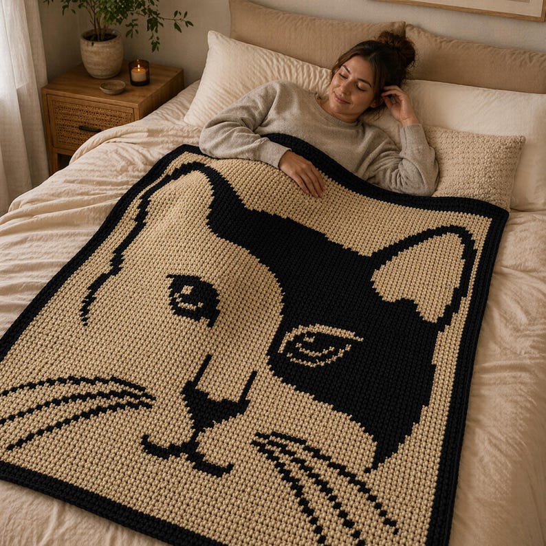 May include: A beige and black crocheted blanket featuring a large cat face design. The blanket is rectangular and covers a bed. The cat's face is depicted with black and beige yarn, creating a cozy and decorative home textile.