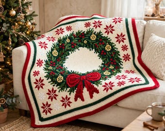 Christmas Wreath Mosaic Crochet Blanket Pattern PDF, Holiday Wreath Crochet Pattern, Easy Winter Throw, Digital Download