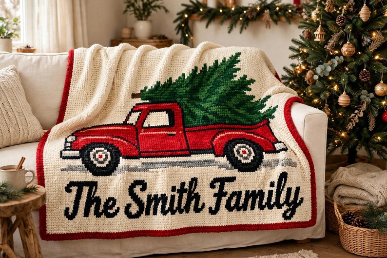 Individuelle Häkelanleitung für eine Weihnachtstruck-Decke (PDF), personalisiertes Mosaikdesign mit Familiennamen Bild 4