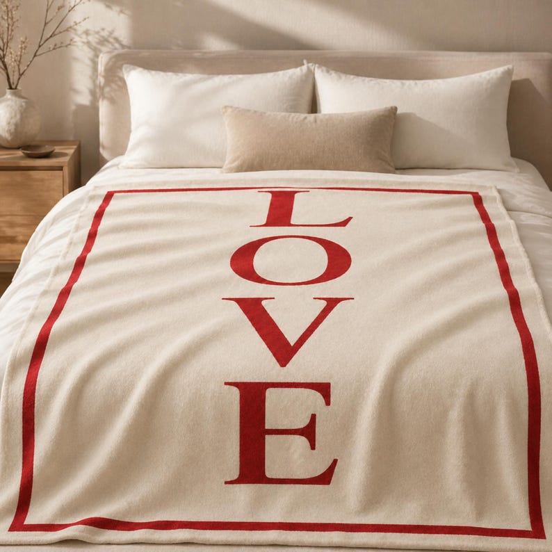 May include: A cream-colored blanket with a red border and the word "LOVE" in large red letters. The blanket is displayed on a bed with white pillows and a beige headboard, creating a cozy and inviting atmosphere.