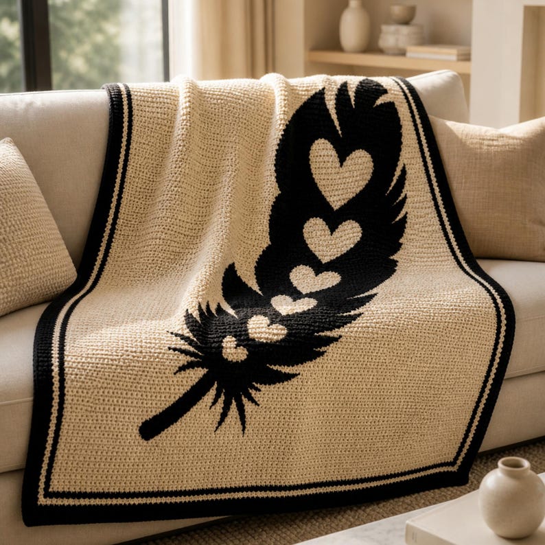 May include: A cream-coloured throw blanket with a large black feather design featuring heart shapes. The blanket has a black border and is draped over a beige sofa. The design is a cosy, decorative element for home decor.