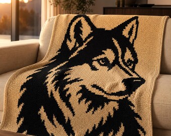 Patrón de manta de ganchillo con mosaico de lobo, PDF de ganchillo con mosaico superpuesto, diseño moderno nórdico de animales, gráfico digital, regalo de decoración rústica para el hogar.