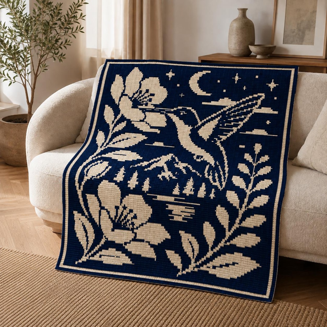 Scandinavian hummingbird Nordic floral overlay mosaic crochet blanket pattern