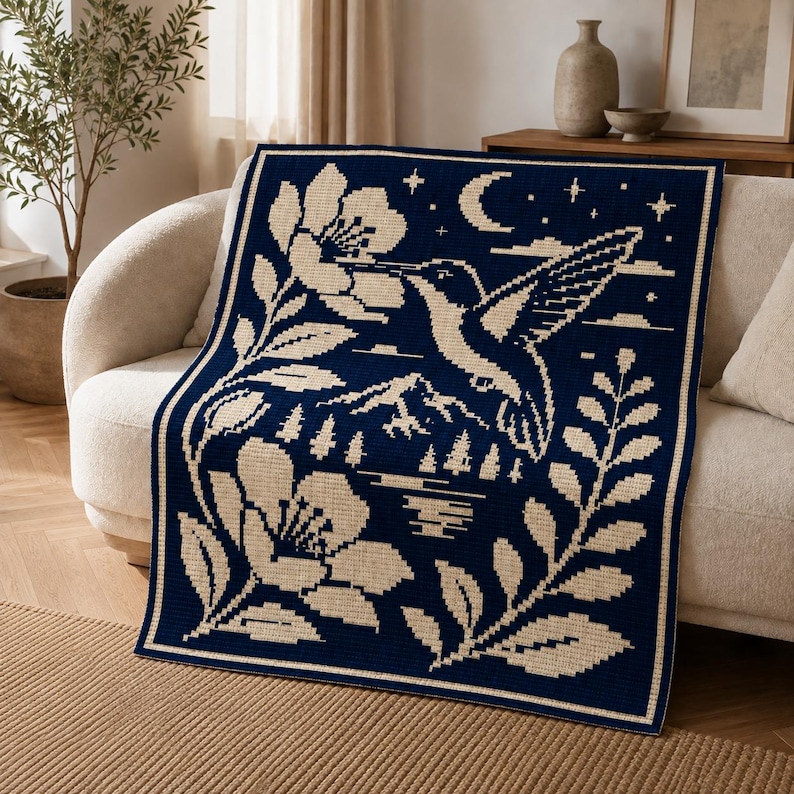 Scandinavian hummingbird Nordic floral overlay mosaic crochet blanket pattern