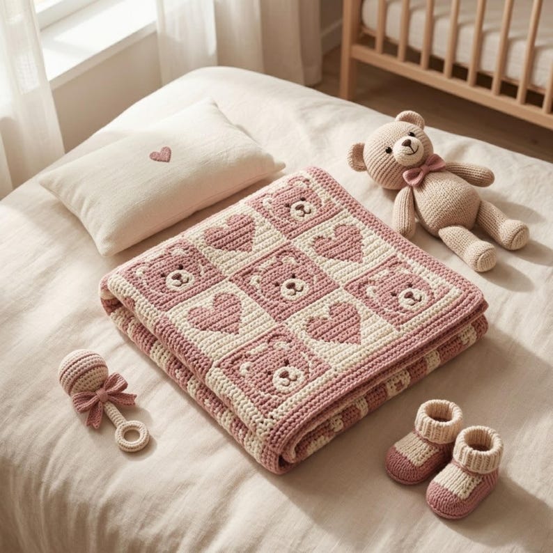 May include: A pink and cream-colored crochet baby blanket with a teddy bear and heart pattern. The image also shows a matching teddy bear, pillow, rattle, and baby booties. The items are arranged on a bed.