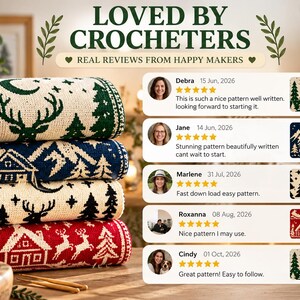 May include: A stack of four folded crochet blankets featuring winter-themed patterns in green, blue, black, and red. The text reads LOVED BY CROCHETERS and REAL REVIEWS FROM HAPPY MAKERS, accompanied by five customer reviews with star ratings.