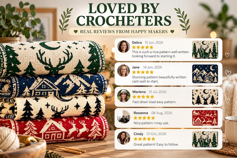 May include: A stack of four folded crochet blankets featuring winter-themed patterns in green, blue, black, and red. The text reads LOVED BY CROCHETERS and REAL REVIEWS FROM HAPPY MAKERS, accompanied by five customer reviews with star ratings.
