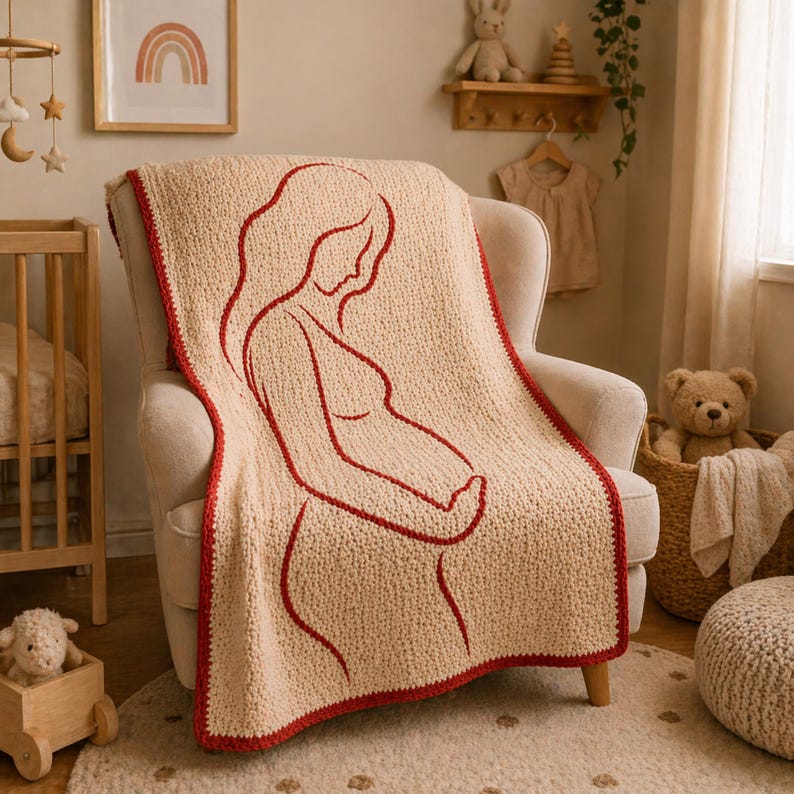 Mönster för virkad filt i mosaik för moderskap, silhuett av gravid kvinna, babyshower-present till blivande mamma, modern DIY-barnrumsdekoration PDF bild 4