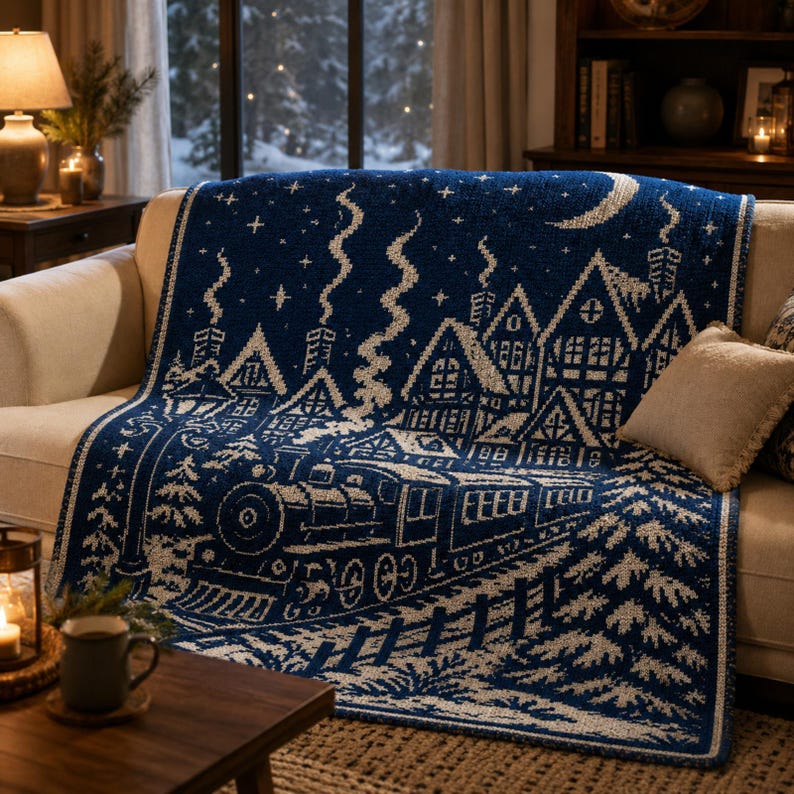 May include: A dark blue and white woven throw blanket featuring a detailed winter scene with a steam locomotive train, snow-covered houses with smoking chimneys, pine trees, and a crescent moon in a starry night sky, draped over a sofa.