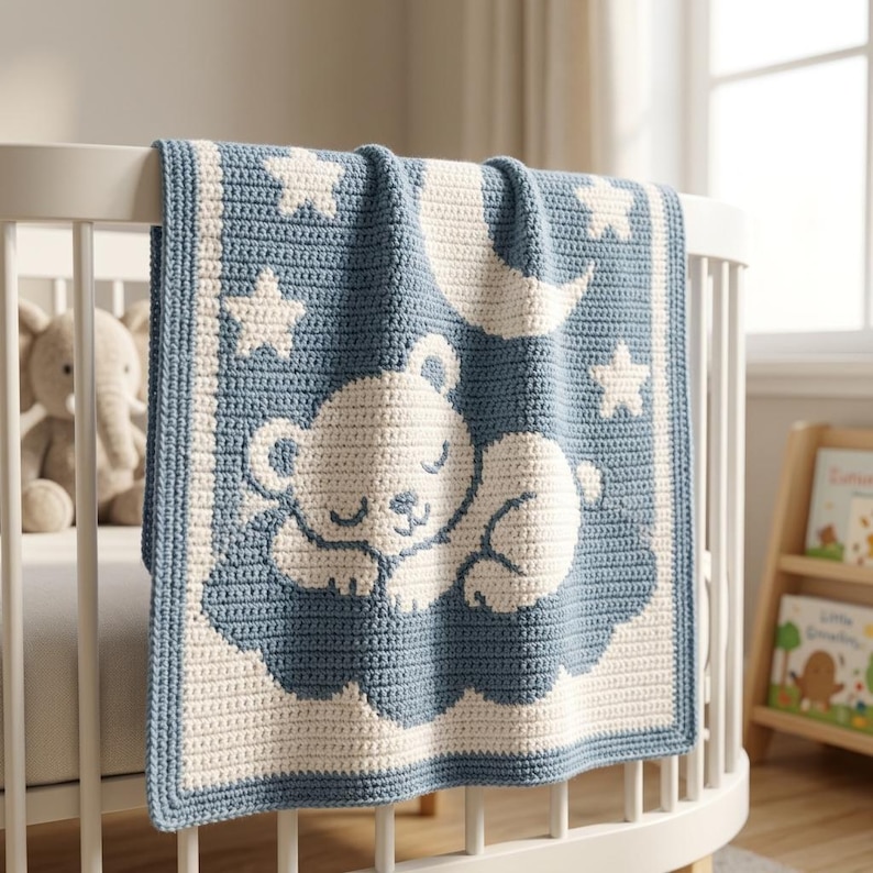 May include: A rectangular crochet blanket featuring a dusty blue background with a white border. The center displays a white sleeping bear resting on a cloud, surrounded by white stars and a crescent moon, all crafted in a textured yarn pattern.