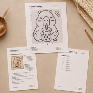 May include: Three sheets of paper with a crochet pattern for a capybara blanket. The main sheet features a grid-based illustration of a capybara drinking a beverage. Additional sheets provide pattern instructions and abbreviations. The text "Capybara Blanket" is visible.