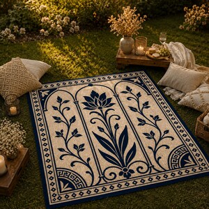 May include: A rectangular outdoor rug with a floral design. The rug features a central navy blue flower and vine motif set against a beige background. The border is navy blue with geometric patterns. The rug is placed on green grass.