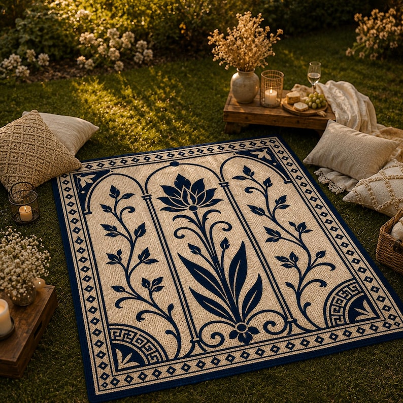 May include: A rectangular outdoor rug with a floral design. The rug features a central navy blue flower and vine motif set against a beige background. The border is navy blue with geometric patterns. The rug is placed on green grass.