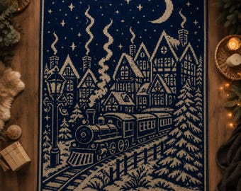 Winter Midnight Express Mosaic Crochet Blanket Pattern, Overlay Mosaic Train Throw PDF, Cozy Holiday Village Decor, Scandinavian Crochets