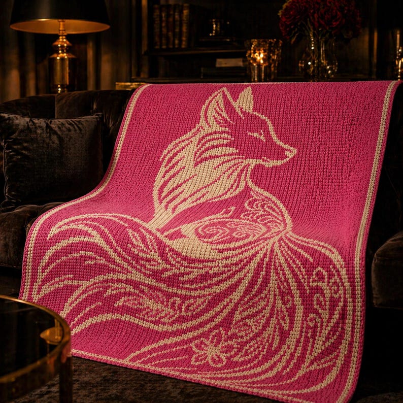 May include: A pink knitted throw blanket featuring a cream-colored fox design. The fox is depicted with intricate details, including a flowing tail and floral accents. The blanket is draped over a dark brown sofa, showcasing its texture and design.