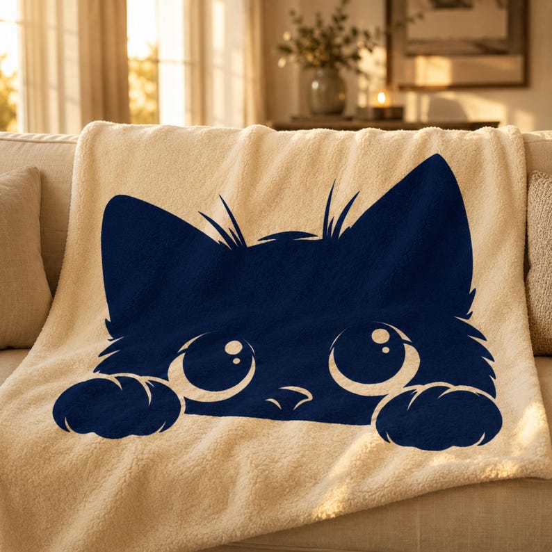 May include: A cream-colored sherpa blanket with a navy blue cat face design. The cat's large eyes and paws are visible, creating a playful and cozy aesthetic. The blanket is draped over a beige sofa.