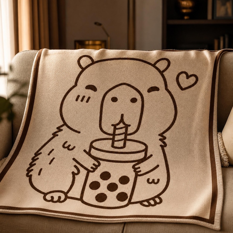 May include: A beige throw blanket featuring a cartoon hamster drinking boba tea. The hamster is outlined in brown, with a brown border and a heart graphic. The blanket is folded over a sofa.