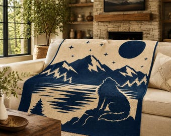 Wolf Mountain Mosaic Crochet Blanket Pattern PDF Overlay Mosaic Crochet Graph Written Instructions Nature Cabin Decor Digital Download