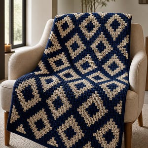 May include: A navy blue and cream-coloured crocheted blanket with a geometric diamond pattern draped over a beige armchair. The blanket's texture is visible, and the colour scheme creates a cosy, inviting aesthetic. The blanket is a home decor item.