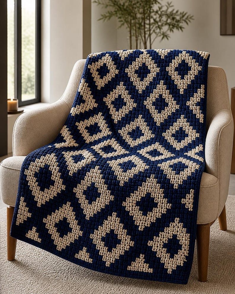 May include: A navy blue and cream-coloured crocheted blanket with a geometric diamond pattern draped over a beige armchair. The blanket's texture is visible, and the colour scheme creates a cosy, inviting aesthetic. The blanket is a home decor item.