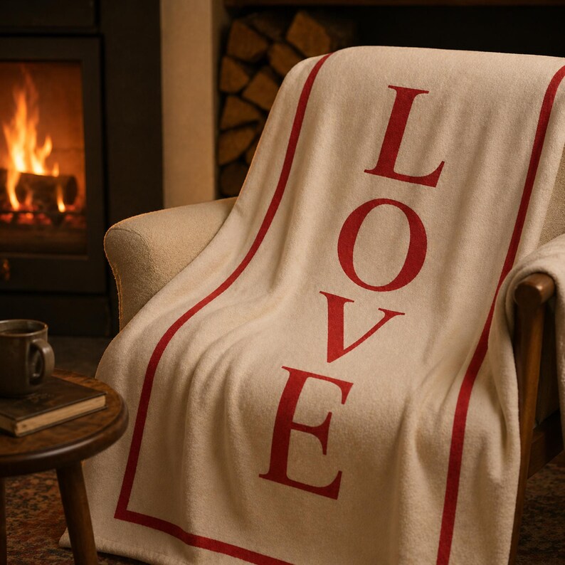 May include: Cream-colored blanket with the word "LOVE" in large red letters. The blanket has a red border and is draped over a beige armchair. A cozy scene with a fireplace and a small wooden table with a mug and a book.