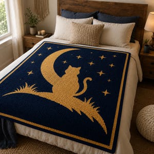 May include: A navy blue throw blanket featuring a gold cat silhouette perched on a crescent moon, surrounded by stars. The blanket has a gold border and is displayed on a bed with neutral-colored bedding.