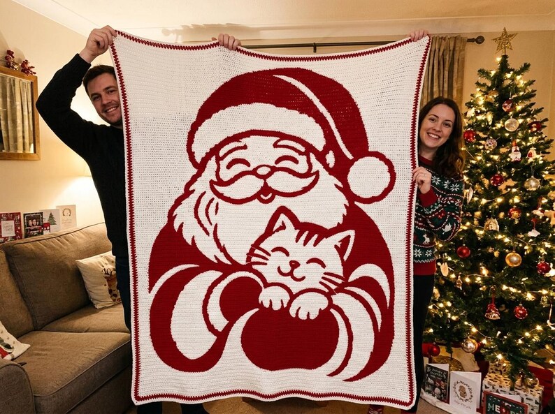 Santa Crochet Blanket Pattern, Christmas Cat Mosaic PDF image 6