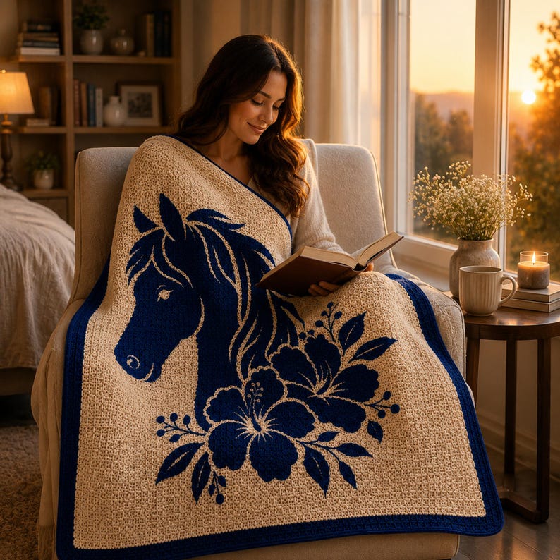 May include: A beige and navy blue throw blanket featuring a horse head and floral design. The blanket has a navy blue border and is draped over a chair. The image shows a person reading a book.
