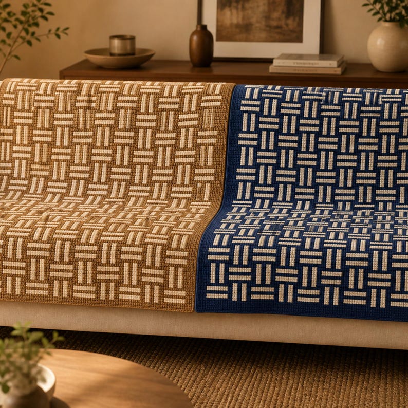 May include: A close-up of two woven throw blankets with geometric patterns. One blanket is tan and cream, the other is navy blue and cream. The blankets are draped over the back of a sofa, showcasing their texture and design.