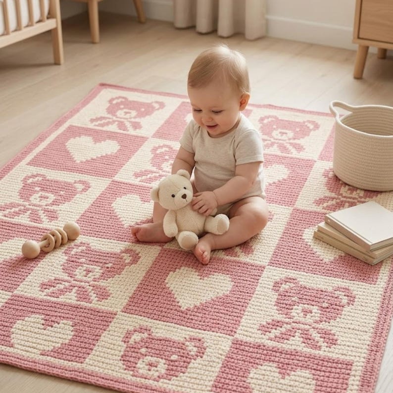 May include: A pink and cream-colored baby blanket with a teddy bear and heart pattern. A baby is sitting on the blanket, holding a stuffed teddy bear. A wooden rattle and a woven basket are nearby.