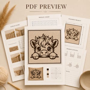 May include: PDF preview of a crochet pattern featuring a charming cow design. The pattern includes a stitch guide, mosaic chart, and border options. The finished project shows the cow design on a cushion. The text "PDF PREVIEW" is at the top.