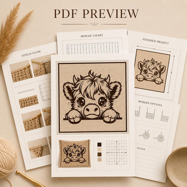 May include: PDF preview of a crochet pattern featuring a charming cow design. The pattern includes a stitch guide, mosaic chart, and border options. The finished project shows the cow design on a cushion. The text "PDF PREVIEW" is at the top.