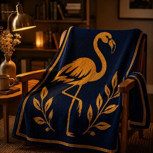 Peut inclure: Une couverture bleu marine drap&eacute;e sur une chaise en bois. La couverture pr&eacute;sente un grand motif de flamant rose dor&eacute; avec des accents de feuilles dor&eacute;es et une bordure dor&eacute;e. La couverture est en mati&egrave;re douce et textur&eacute;e.