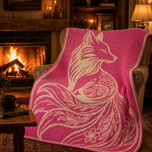 May include: A pink knitted throw blanket featuring a cream-colored fox design. The blanket is draped over a chair, showcasing the intricate pattern of the fox and floral elements. The blanket has a cream-colored border.