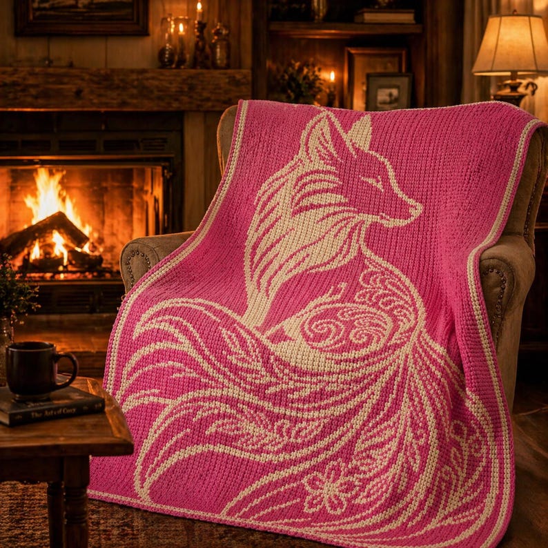 May include: A pink knitted throw blanket featuring a cream-colored fox design. The blanket is draped over a chair, showcasing the intricate pattern of the fox and floral elements. The blanket has a cream-colored border.