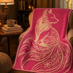 May include: A pink knitted throw blanket featuring a cream-colored fox design. The fox is depicted in profile with intricate floral and swirl patterns. The blanket is draped over a chair, showcasing its texture and design.