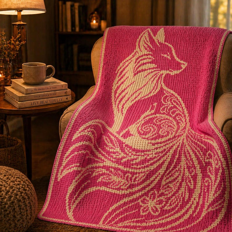 May include: A pink knitted throw blanket featuring a cream-colored fox design. The fox is depicted in profile with intricate floral and swirl patterns. The blanket is draped over a chair, showcasing its texture and design.