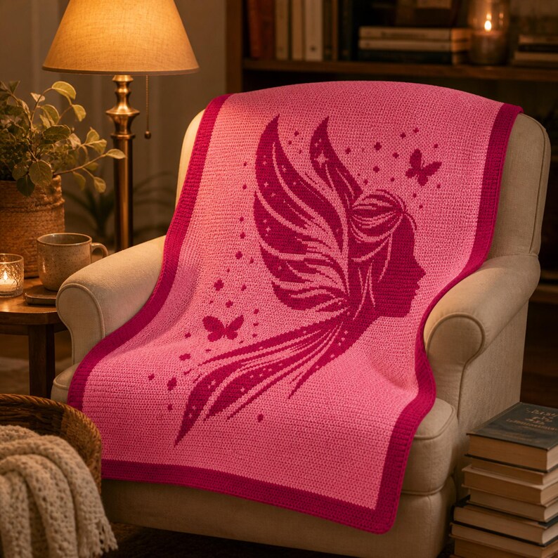 May include: A pink crocheted blanket draped over a chair. The blanket features a dark pink fairy silhouette with butterfly accents. The blanket has a dark pink border and is made of soft material. The blanket is a cozy home decor item.