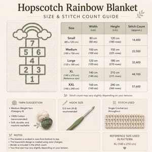 May include: A size and stitch count guide for a Hopscotch Rainbow Blanket. The design features a hopscotch pattern with a rainbow and cloud motif. The guide provides measurements in centimetres for sizes ranging from Small (80 cm x 120 cm) to XXL (160 cm x 240 cm).