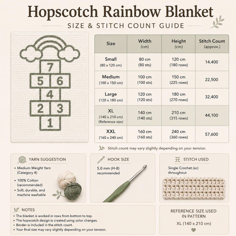 May include: A size and stitch count guide for a Hopscotch Rainbow Blanket. The design features a hopscotch pattern with a rainbow and cloud motif. The guide provides measurements in centimetres for sizes ranging from Small (80 cm x 120 cm) to XXL (160 cm x 240 cm).
