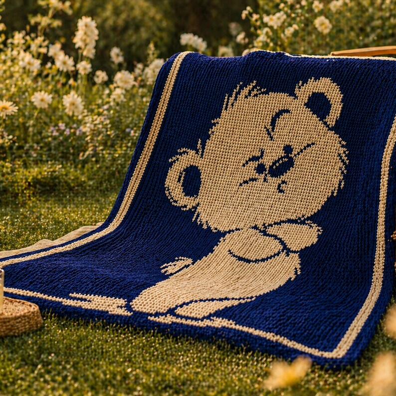 May include: A navy blue knitted blanket with a cream-coloured bear design. The blanket has a cream border and is placed on grass. The bear is lying down with its arms crossed. A cosy home decor item.