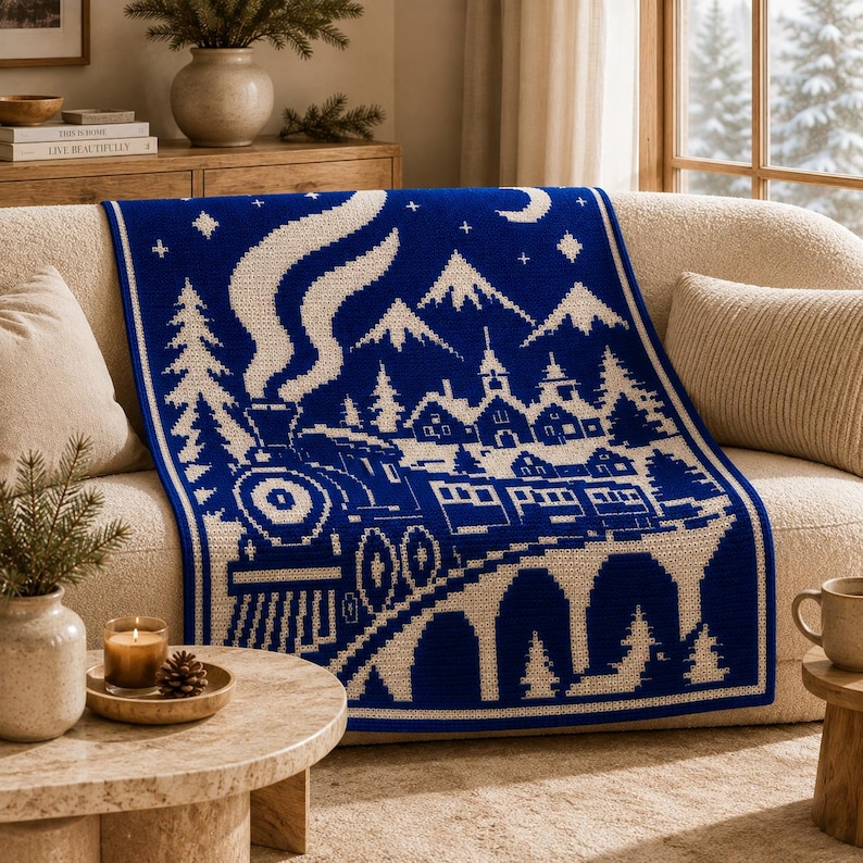 May include: A rectangular knit throw blanket featuring a two-tone blue and cream design. The pattern depicts a steam locomotive traveling across a bridge toward a village with mountains, stars, and a crescent moon in the night sky background.
