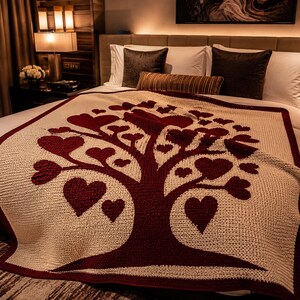 May include: A cream-colored knitted blanket with a burgundy tree design featuring heart-shaped leaves and a burgundy border. The blanket is displayed on a bed with pillows and a lamp in the background. The blanket measures approximately 70 inches by 80 inches.